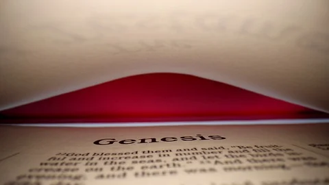 GENESIS-slowly pulling lens out of book, center view of the page. Words Stock Footage 111314914