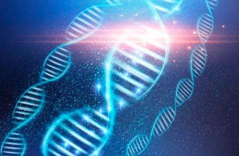 Genetic code concept. Three DNA molecule spirals over blue background Illustrazione stock