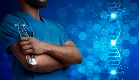 Genetic engineering concept. Collage with black male doctor and DNA helix over Stock Photos