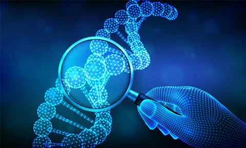 Genetic engineering concept with magnifier in hand and DNA sequence. Wirefram 스톡 일러스트
