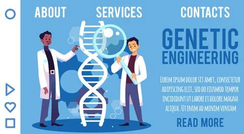 Genetic engineering with two scientists build DNA helix - landing page template 스톡 일러스트