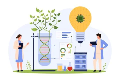 Genetic research and biotechnology, tiny people growing green plant with leaf Stock Illustration