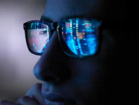 Genetic research, computer screen reflection in spectacles of DNA profile, close Stock Photos