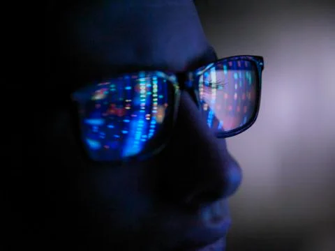 Genetic research, computer screen reflection in spectacles of DNA profile, close Stock Photos