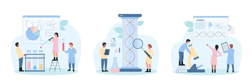 Genetic research in laboratory set, tiny people work with DNA molecular 库存插图