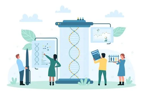 Genetic research in laboratory, tiny scientists making DNA analysis, chart Illustrazione stock