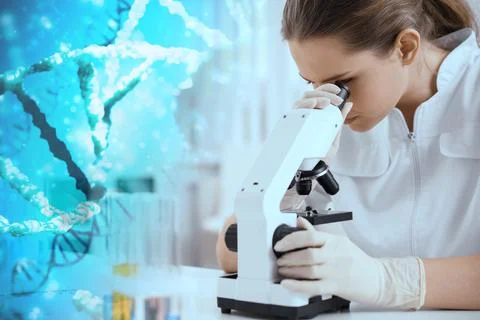 Genetic testing. Double exposure of laboratory worker using microscope at t.. Stock Photos