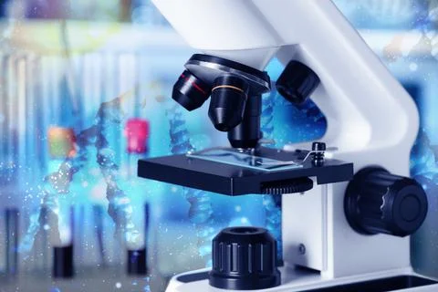 Genetic testing. Microscope and illustration of DNA structure in laboratory Stock Photos