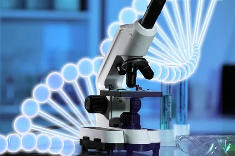 Genetic testing. Microscope and illustration of DNA structure in laboratory 写真素材