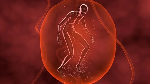 Genetically engineered human clone suspended in red fluid membrane. 3d animation Stock Footage 114875578