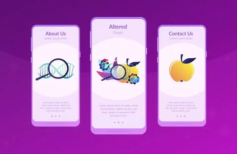 Genetically modified foods app interface template. Illustrazione stock