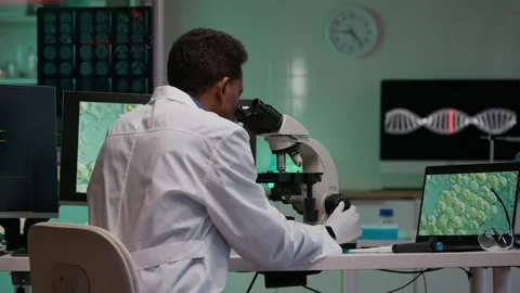 Geneticist Analyzing Genomic Data Using Microscope and Digital Software in Lab Stock Footage 332360025