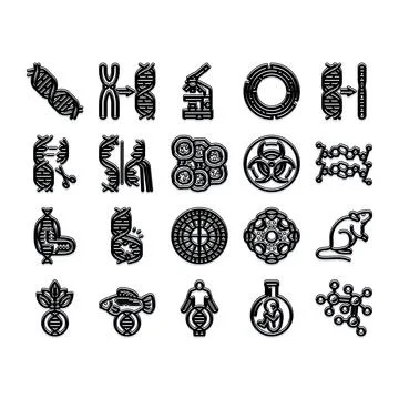 Genetics and biotechnology icons set researching dna structure Stock Illustration