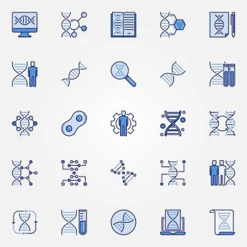 Genetics blue icons set - vector DNA concept symbols 스톡 일러스트