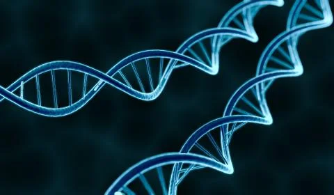 Genetics concept. Glowing DNA molecule on dark background. 3D rendered illustrat Illustrazione stock
