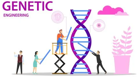Genetics, a group of human characters collects the genetic code. Vector Stock Illustration