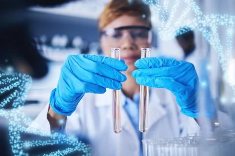 Genetics hologram, science test tube and black woman in laboratory for research Stock Photos