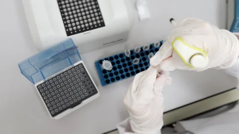 A genetics laboratory researcher drops samples with a pipette. Stock Footage 294160942