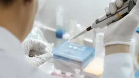 A genetics laboratory researcher drops samples with a pipette. Stock Footage 313169745