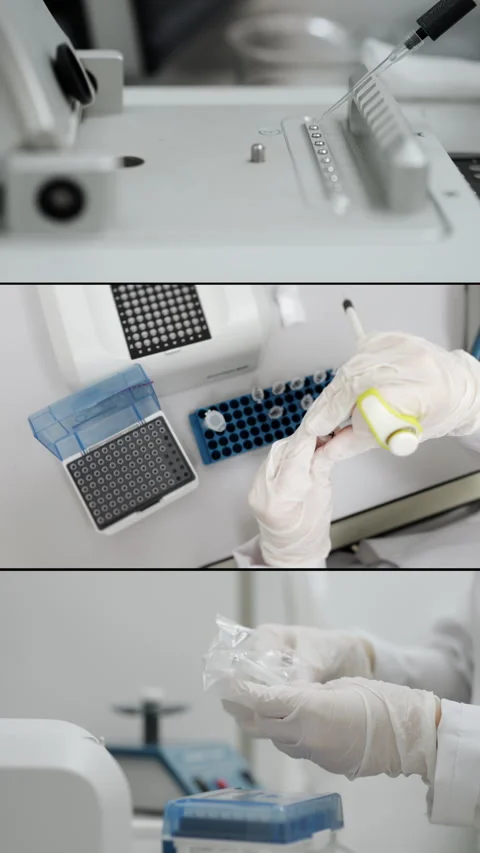 A genetics laboratory researcher drops samples with a pipette. Stock Footage 314339318