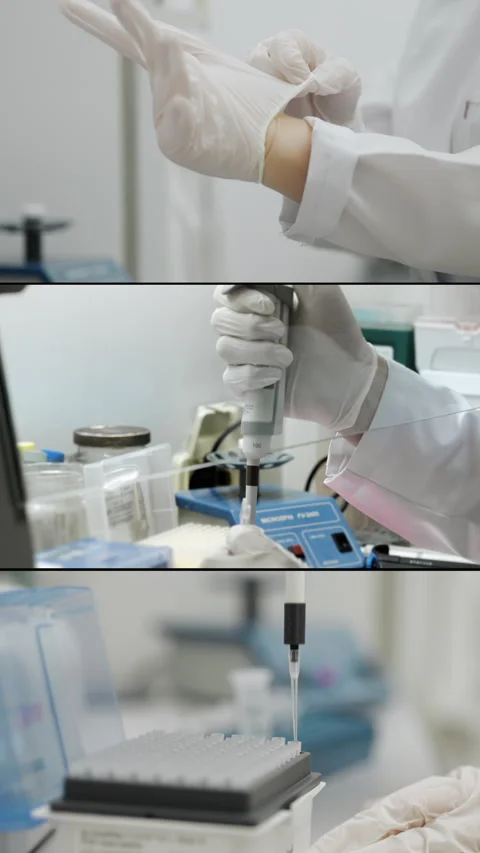 A genetics laboratory researcher drops samples with a pipette. Stock Footage 314339367
