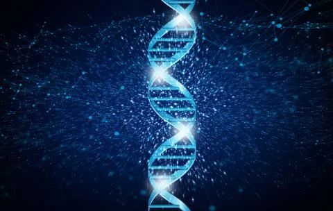Genetics research concept. Luminous DNA helix structure over blue background 库存插图