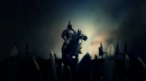 Genghis Khan with His Army Under a Lightning Storm and Rain Befor or After a Stock Footage 68027348