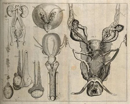 The genito-urinary system, after Eustachius, Cheselden, and De Graaf. Etchi.. Stock Illustration