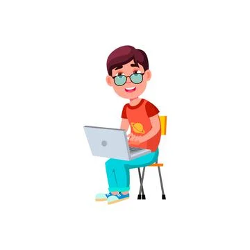 Genius boy kid programming code on laptop cartoon vector Stock Illustration