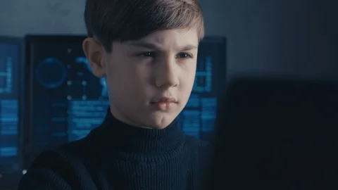 Genius boy wonder hacks system at cyberspace. Cute kid young programmer Vidéo 102072480