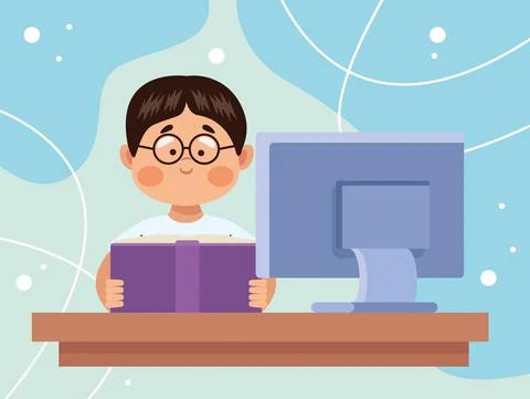 Genius schoolboy reading scene Stock Illustration