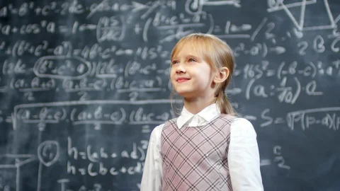Genius Schoolgirl Thinking about Math Problem Stock Footage 107509706