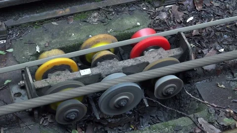 Genoa Funicular, Traction cables moving on rollers, close-up view Stock Footage 289625009