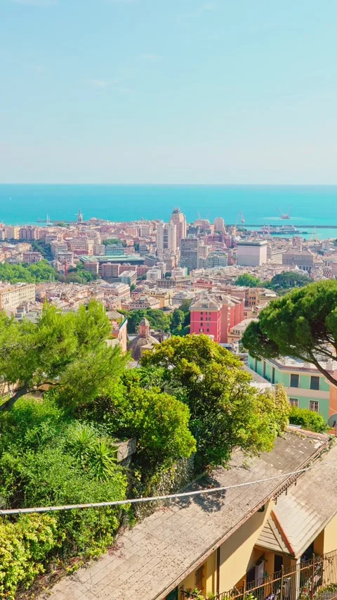 Genoa Rooftops From Above, Aerial Vertical Shot, Blue Sky, 4K Stock Footage 340470927