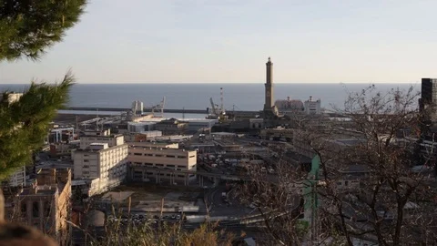 Genoa seen on the Lanterna and port from the hill Stock Footage 101421397