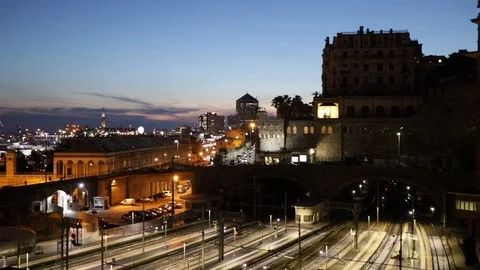 Genoa station at sunset with train Stock Footage 102159685