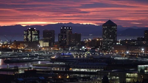 Genoa at sunset with harbor skyscrapers Stock Footage 103303571