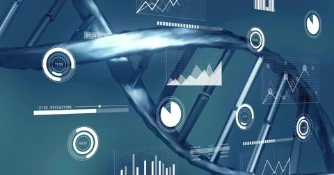 Genomics dashboard receiving live data, animating HUD elements around DNA helix Stock Illustration
