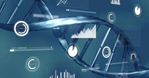 Genomics dashboard receiving live data, animating HUD elements around DNA helix Illustrazione stock