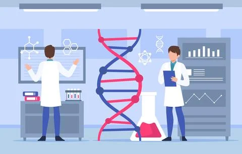 Genomics scene . Scientists are doing research in laboratory room . Genome .. Illustrazione stock
