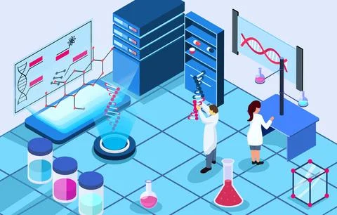 Genomics scene . Scientists are doing research in laboratory room . Genome .. Illustrazione stock
