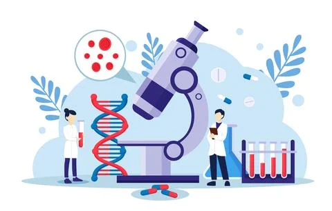 Genomics scene . Scientists are doing research in laboratory room . Genome .. Stock Illustration