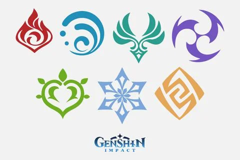 Genshin impact logo and elements icons set. Stock Illustration