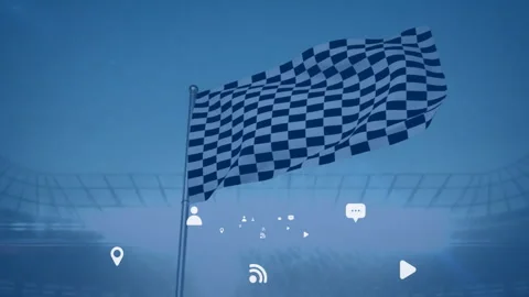 Gentle breeze causing checkered flag fluttering as UI icons appearing and fading Video stock 311083756