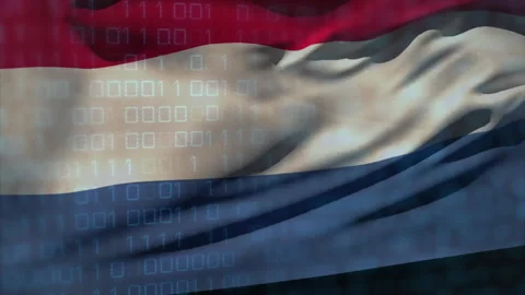 Gentle breeze causing flag undulating with binary code fading on fabric for Stock Footage 311508653