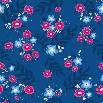 Gentle bright tiny flowers seamless pattern on dark blue background Stock Illustration