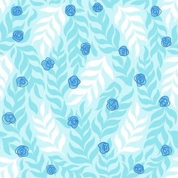 Gentle floral seamless pattern with elegant branches of leaves and blue roses Stock Illustration