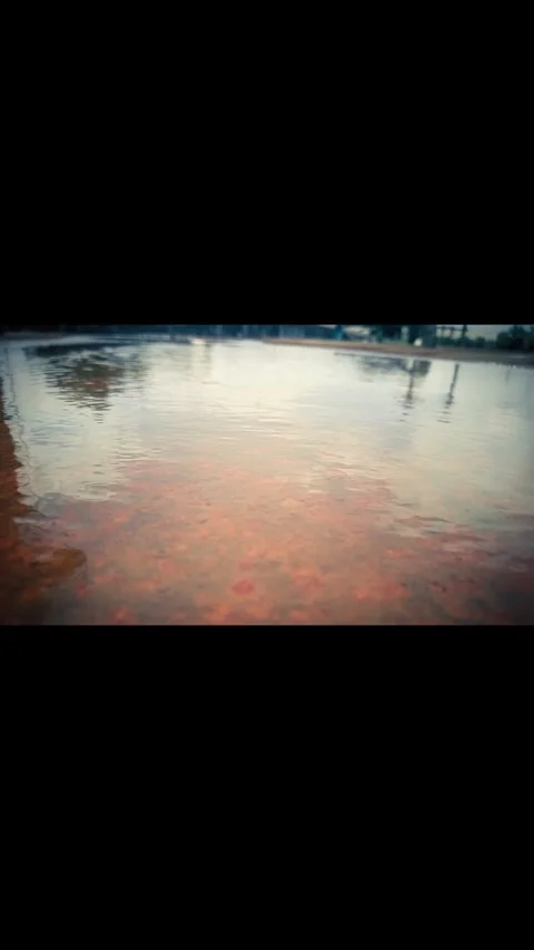 Gentle gusts of wind on a puddle over a rusty plate Stockbeeldmateriaal 309900900