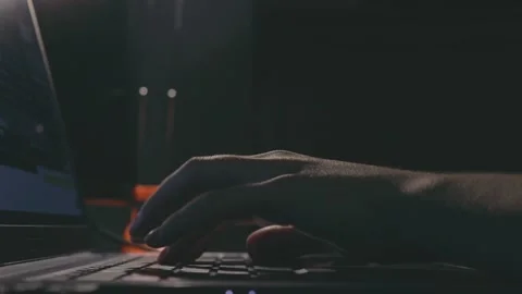 Gentle hands touching keyboard buttons fake typing on computer in late night dar Stock Footage 161038041