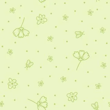Gentle light green vector pattern with dotted insects and flowers Stock Illustration